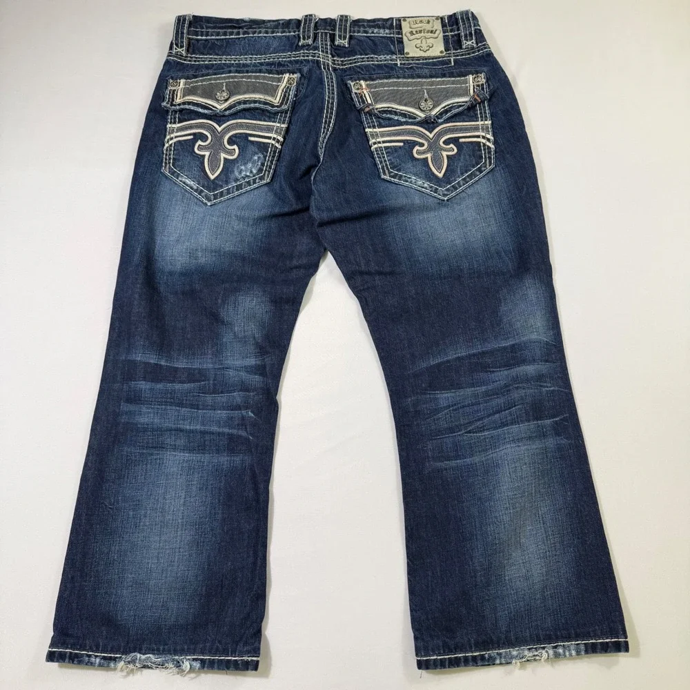 Rock Revival Jeans Mens 36 (Fits 37x28) Blue Dino Relaxed Straight Distressed